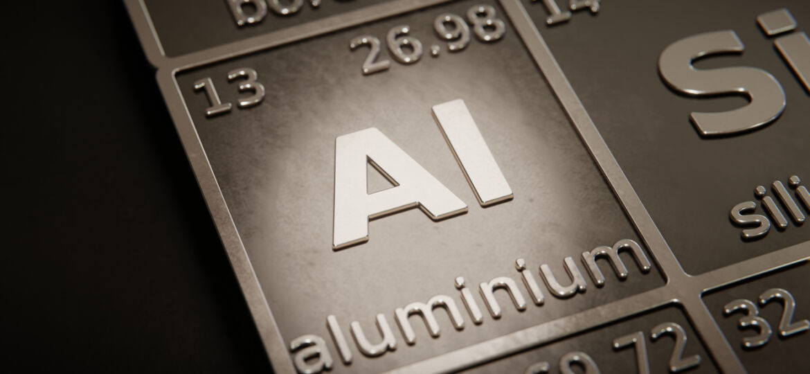 Highlight on chemical element Aluminium in periodic table of elements. 3D rendering